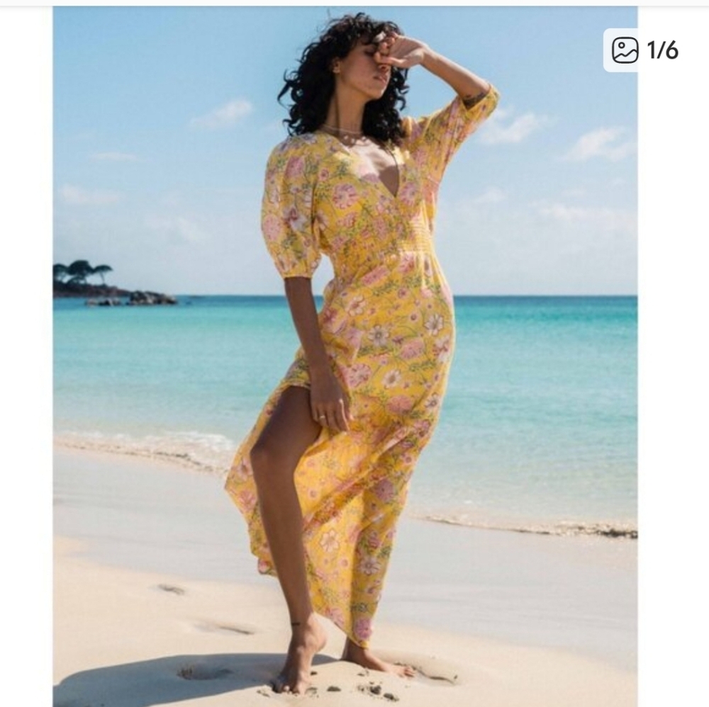 Billabong Yellow Floral Smocked Waist Maxi Dress